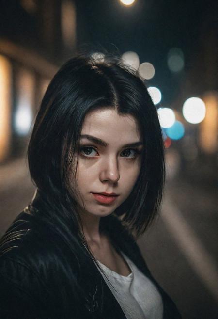 Portrait face Solo female ciborg in city, photograph ,pale beautiful Irish woman, black hair,  beautifull eyes, night time, cinematic composition,  cinematic filtering