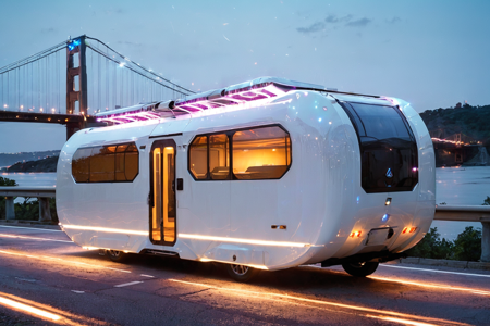 bioluminescent, a futuristic camper with expandable roof, solar panels, solo, futuristic trunk, auto-opening, futuristic bridge, glowing supports, city below, detailed background, speeding down a highway, motion blur, lights trailing, wide shot, a futuristic cable, glowing softly, connected to the car, best quality, rich colors, photorealistic style, high detail, high-definition, hyper-realistic, extremely high-resolution details, fine texture, incredibly lifelike, realistic, not fantasy, not anime, not drawing, highres, 4K resolution, source photo, realistic photo, masterpiece, best quality, amazing quality, very aesthetic, ultra-detailed, detailed surfaces, natural metallic tones, soft lighting, glossy white, polished finish, soft light, close-up shot, <lora:Mystic_Lumina_r1-000007:0.9>