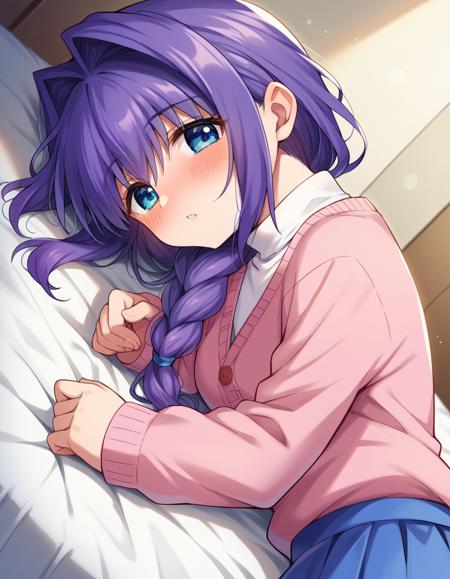 akiko minase, braid, braided ponytail, hair intakes, hair over shoulder, long hair, single braid, purple hair, blue eyes, cardigan, long sleeves, pink cardigan, long sleeves, turtleneck, shirt, white shirt, skirt, blue skirt,