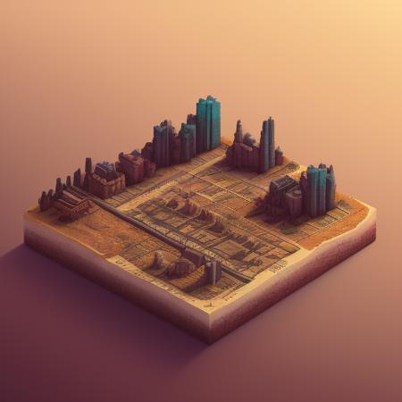 duskametric15 microworlds post apocalyptic isometric cutaway scenery landscape of a city on a desert road, postmodern concept art, artstation, 8k,  octane render, vibrant colors, trending on deviantart duskametric15 microworlds