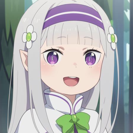 purple eyes hairband hair flower long hair grey hair white capelet purple dress white footwear pointy ears green bow blunt bangs long sleeves