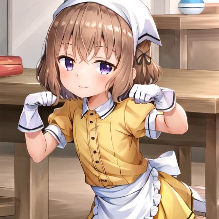 masterpiece, best quality, PP,  paw pose, hoshikawa mafuyu, 1girl, black ribbon, eyelashes, flat chest, head scarf, hair ribbon, purple eyes, short hair, white apron, ((white gloves)), white thighhighs, skirt, stile uniform, yellow skirt,