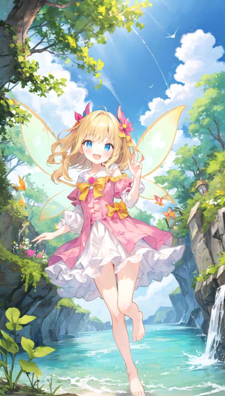 beautiful illustration, best quality, cute girl, (fairy wings), petite, (floating), sky, barefoot, nature, blond hair, happy,