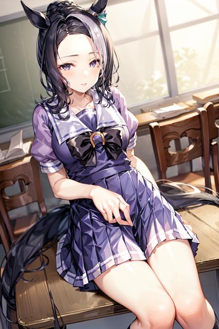 masterpiece, best quality, 
mejiro ramonu \(umamusume\),
classroom, sitting on desk,
tracen school uniform, summer uniform, serafuku, puffy short sleeves, purple bowtie, horseshoe ornament, sailor collar, sailor shirt, purple shirt, white skirt, pleated skirt, frilled skirt, 
<lora:mejiro_ramonu_loha:0.7>