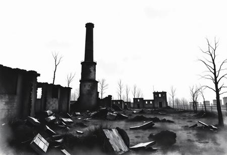 A lonely chimney of in the remains of former crematorium building. There are some ruined furnaces nearby. The background for the ruined, cold chimney is the bright daylight in the summer. No clouds, only hot August sun.
The picture is created in black and white watercolour technique, wherever possible black background is preferred.
The whole landscape is inspired by the atrocities of concentration camps and is the silent homage to the victims of the factories of death.