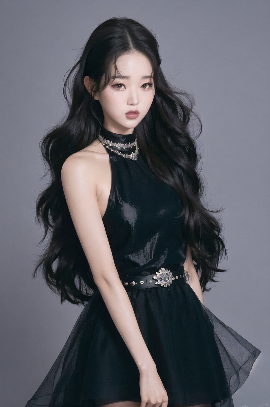 <lora:wonv1A:0.7>, Jang Wonyoung, 1girl, artist name, black dress, black hair, cowboy shot, dress, forehead, grey backgrou...