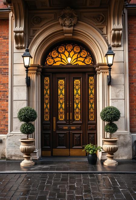 A beautifully lit and composed professional high resolution photograph of a grand Parisian doorway, art nouveau, wet cobblestones, early morning light, after the rain, weathered bricks and wood, intricate leaded glass, stately potted plants guard the door
