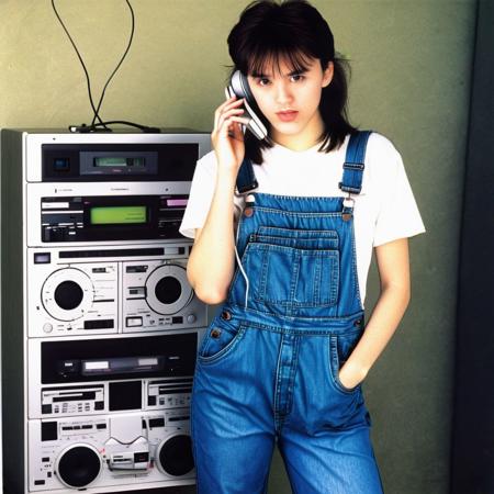 denim overalls, 1980s fashion, new wave aesthetics, neon colors, (((nec pc-8801))), videocassette recorder, cd player, hi-fi rack, corded phone, stereo, (((1980s (style)))), 1girl, sneakers
