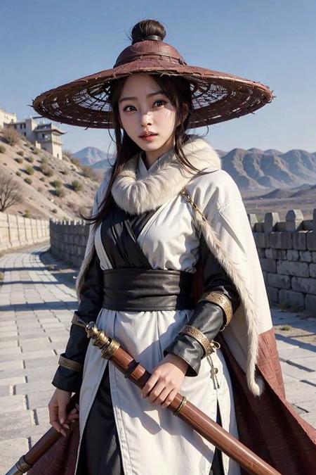 1girl dress like move The Flying Swords of Dragon Gate, Ancient Chinese fortresses background, city walls, cape, desert, snow, furry_coat, furry_cloak, linen_clothes, bamboo_hat, masterpiece, best quality, 8k, photorealistic, <lora:Han_Ye_Seul_v3:1>