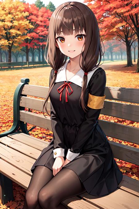 masterpiece, best quality, highres, bbmiko, long hair, low twintails, blunt bangs, collarbone, neck ribbon, red ribbon, black dress, black shirt, long sleeves, black sleeves, armband, black pantyhose, <lora:iino_miko_v1:0.8>, sitting, autumn, bench, autumn leaves, smile