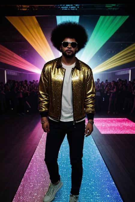 raw photo, upper body, disco, (80s, retro:1.1), dance floor, lasers, rainbow theme, a dancer man, 30 years old, sunglasses, big afro, (manly, wide jaw:1.2), dark skin, sparkly jacket, golden shirt, (vibrant colors:0.9),  (muted colors,cinematic, dim colors, soothing tones)