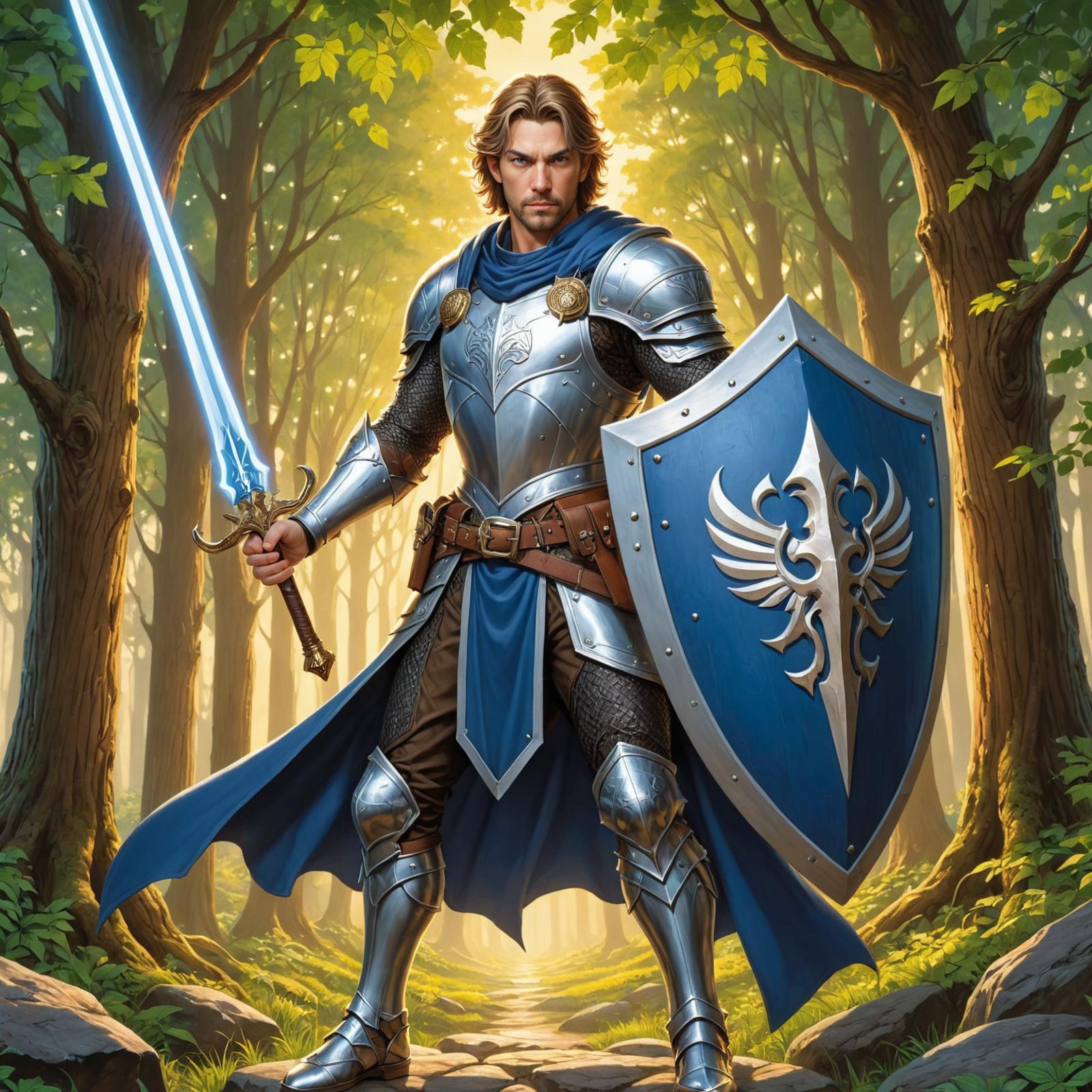A man in a blue and silver suit of armor holding a sword.