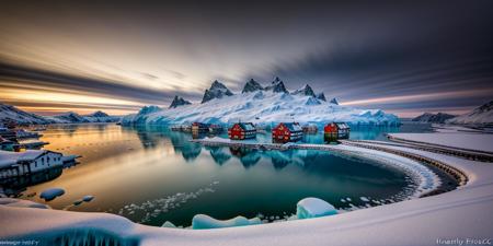 RAW photo, (masterpiece:1.3), subsurface scattering, heavy shadow, (high quality:1.4), (intricate, high detail:1.2), professional photography, HDR, High Dynamic Range, realistic, ultra realistic, photorealistic, high resolution, film photography, ambient lighting, atmospheric effects,  OverallDetail, Ice, a small Inuit village with a harbor, frozen lake, vivi, epiCPhoto