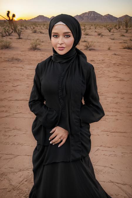 Renee Olstead, (woman:1.2), (female:1.2), (8k, RAW portrait photo, best quality, masterpiece:1.2), (realistic, photo-realistic:1.37), (highest quality), (black hijab:1.4), (in the desert:1.3), (black cloth cover full body:1.2), (morning:1.2), (sunrise:1.3), (show no skin:1.3), (black long dress:1.1),<lora:Renee-Olstead-v10:0.7>