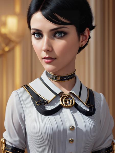 <lora:elizabethbioshock:0.7>,woman,black hair,(blue eyes:0.8),white blouse,short hair, steampunk eye-patch, intricate, elegant, highly detailed,8k, digital painting, trending on pinterest, GUCCI, PRADA, harper's bazaar, concept art, sharp focus, golden ratio, illustration, by artgerm, Tom Bagshaw, Law