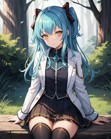 best quality, (masterpiece:1.2), illustration, absurdres,
(1girl, solo), (beautiful detailed girl),
<lora:TioCS3:0.9>,  Tio Plato, yellow eyes, aqua hair, long hair, two side up, small breasts,
fake animal ears,
(lab coat:1.1), black dress,  pleated skirt, black thighhighs, grey boots,
looking at viewer,
swamp, trees, plants, fog, mist,,
(lying:1.2), (upper body, portrait),