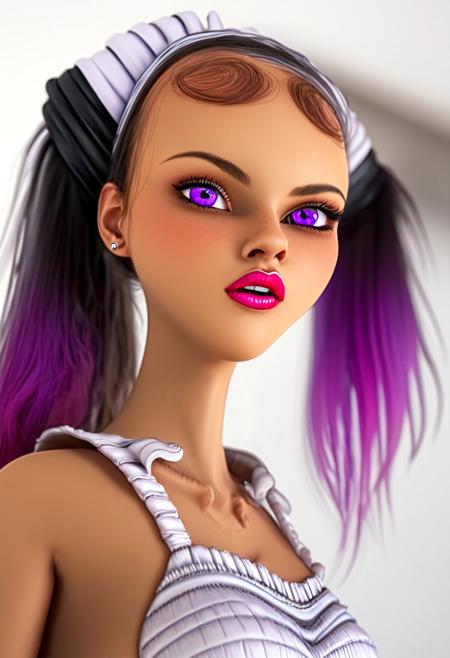 8K, depth of field, focused subject, dynamic angle, sexy pose, best quality, detailed eyes, perfect eyes, realistic eyes, long hair, rainbow highlights, high ponytail, sidelocks, purple eyes, mascara, makeup, red lips, mouth open, transparent, see-through maid outfit, medium breasts, no bra, covered nipples, covered areolae, downblouse, BREAK, leaning forward slightly, front view, looking at viewer, dynamic angle