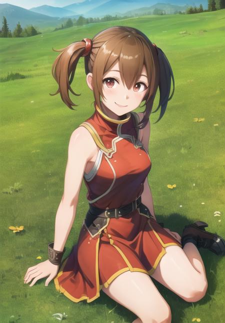 (Photo:1.3), highdetail, <lora:Silica_SAO:0.8>, Silica_ALO, solo, smile, sitting, head rest, grass, red dress, (acclaimed, alluring, captivating, exciting, gorgeous, striking:1.3), beautiful, (highly detailed, high quality:1.3)