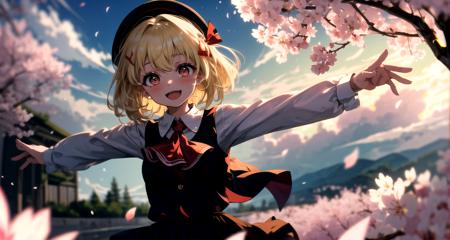 (masterpiece, best quality, detailed background, extremely detailed:1.5), glowing, BREAK 1girl, solo, (rumia, dress, red ascot, bow, short hair, :d, black fang, hair bow, spread arms, red eyes, bangs, collared shirt, red ribbon, ribbon, vest, long sleeves, skirt set, white shirt, black vest, darkness, necktie, shoes, hair ribbon, ascot, outstretched arms, blonde hair,:1.3), looking at viewer, sparkle, blush, upper body, claw pose, smile BREAK scenery, outdoors, sakura, cherry blossoms, falling petals, petals, cloud, sky BREAK depth of field, chromatic aberration, sidelighting, backlighting