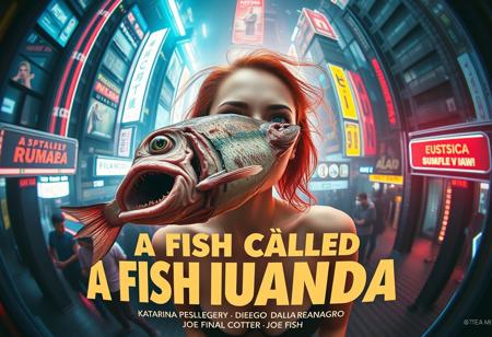 **“A captivating and surreal movie poster for A Fish Called Ruanda, a futuristic B-movie thriller with a girly, campy twist. The scene is viewed through the exaggerated distortion of a fish-eye 12mm cinema prime lens, pulling the viewer into the chaotic, neon-soaked dystopian cityscape. Front and center is the main actress, Katarina Pesceallegro, a striking redhead with a mix of glamour and danger in her expression. Floating ominously nearby is a grotesque, decaying fish, symbolizing the ‘very rotten climax.’
The poster includes bold, retro-futuristic typography for the title A Fish Called Ruanda, with the subtitle in Polish beneath it. The credits at the bottom feature:
	•	Directed by: Max Morrison
	•	Director of Photography: Diego Dalla Luce
	•	Edited by: JOE “FINAL CUT” Switcho
	•	Main Actress: Katarina Pesceallegro
	•	Co-Starring: JOE FISH
	•	With the Cameo of: STEWEN SEAGULL
The design blends neon tones, gritty textures, and campy B-movie flair, making it a trendsetting cinematic experience that teases its quirky, action-packed storyline.”**