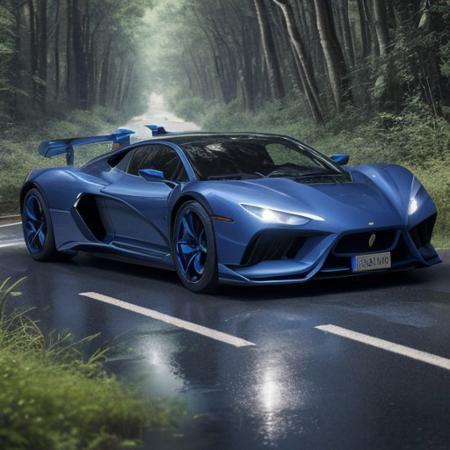 A futuristic and impressive car, ultramarine blue, with elongated headlights like cat's eyes, large windshield, travels along a road along a forest. On the bodywork are the reflections of sunlight