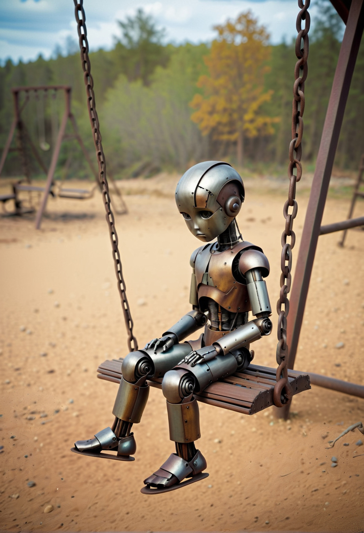 A robot doll sitting on a swing in a park.