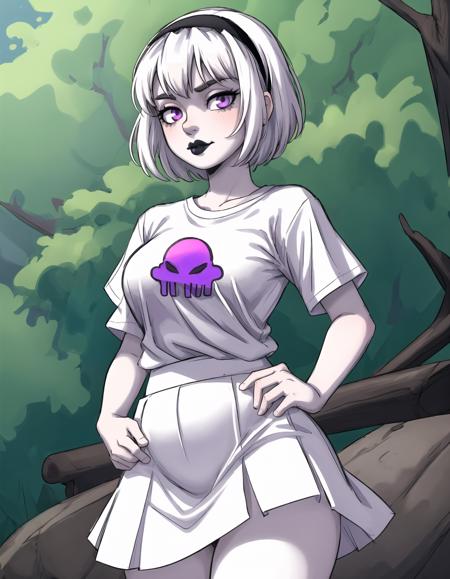 best quality, afterglow, 4k, ((masterpiece)), extremely detailed, 8k, trending on ArtStation, Intricate, High Detail, Sharp focus, rolalstart <lora:rolalstart:1>,symbol on shirt,1girl,solo,purple eyes,short hair,skirt,simple background,shirt,hairband,lipstick,white shirt,t-shirt, white hair,black lips, <lora:more_details:0.5>, white skin, white skirt,cowboy shot, chubby, outdoors, wide hips