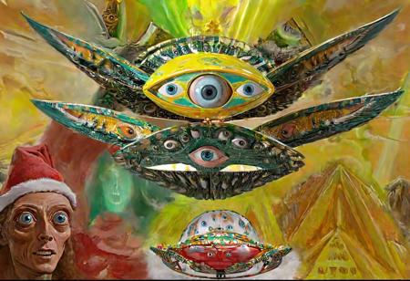 p1c4ss0, seraphins, mystical creature with hundreds of eyes and wings, roswell alien with yellow christmas hat, delivering presents with santa riding a ufo sleigh, intricate complexity, surreal horror, inverted neon yellow drip paint, 1908 Woman with a Fan