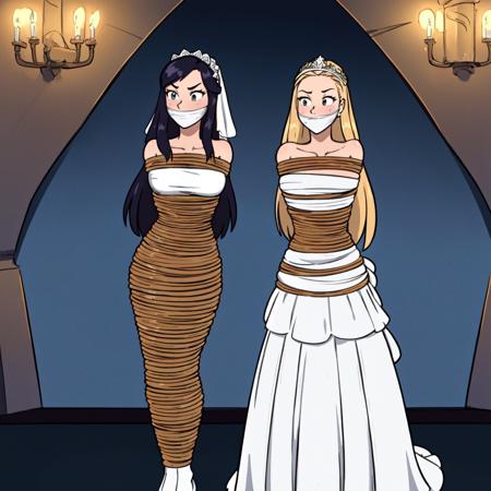 (masterpiece, best quality, ultra-detailed), (illustration),wedding dress,
2girls,duo,standing,long hair,rope,rope bondage,
solo,arms behind back, bound arms,gag, bondage, gagged, bound legs,<lora:rope:0.9>,rope,mummification,mummified,duct tape,<lora:tapegag_v1:0.5>