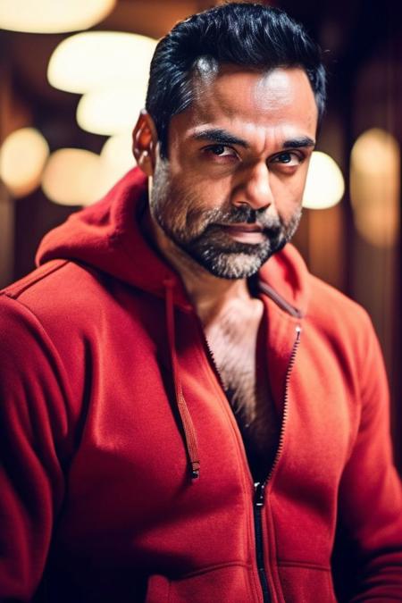 sacha dhawan a man <lora:Abhay-Deol_Sacha-Dhawan:1>, realistic photo in a worn ((red tracksuit, massive hairy pecs)), ((light bokeh)), intricate, (steel metal [rust]), elegant, sharp focus, photo by greg rutkowski, soft lighting, vibrant colors, (masterpiece), ((streets)), (detailed face), looking at viewer, light smile, night, walking towards viewer, cinematic lighting, beautiful lighting, cinematic lighting, (hazy filter, film grain:1.2)