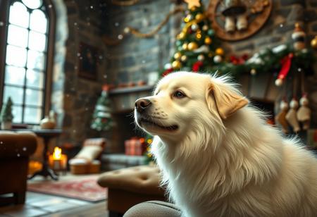 score_9, score_8_up,score_7_up, score_6_up, score_5_up, score_4_up,
best quality, masterpiece, highres, soft lighting,atmospheric lighting, 8K,
large, stone castle,inside,living room with fireplace,(((stone fireplace))),(((stone fireplace)))
,(window),,((((large closed window)))),(morning light coming in),
(((((Outside the window Snow is falling))))),(((it's snowing))), (a lot of snow),(forest), 
super cute, close up, dynamic angle
,A white fluffy dog by a christmas tree, with a sign saying "profandub"
,A white fluffy dog by a christmas tree, with a sign saying "profandub"
,A white fluffy dog by a christmas tree, with a sign saying "profandub"
,A white fluffy dog by a christmas tree, with a sign saying "profandub"