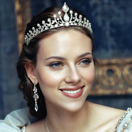 (Skin texture),High quality,Closeup face portrait photo, analog, film grain, actress dressed as a medieval queen with a delicate diamond tiara,regal, bright smile, scxjhnssn,   <lora:scjohansson_juggerX_xl_1_st_woc-scxjhnssn-000075:1.0>