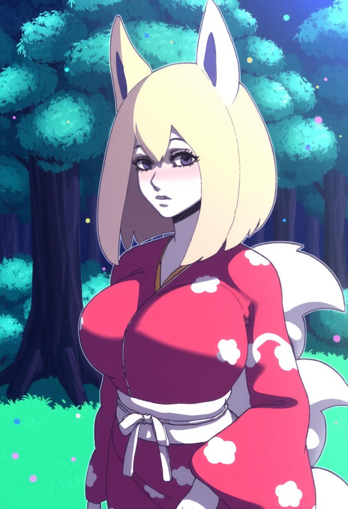 1girl, blonde hair, bob cut, fennec ears, purple oni horns, red eyeshadow, purple eyes, purple lips, large breasts, kimono, (multiple tails, fox tail), upper body, park,, <lora:D-ART-18dart5[Flux]:1>