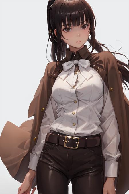 1girl, solo,  long hair,  brown pants, black hair, belt,  shirt, ponytail, simple background, white shirt, long sleeves, bangs, looking at viewer,  breasts, high ponytail, standing, cowboy shot, (brown cape,:1.2) brown pants, medium breasts, parted lips, head tilt, brown eyes, buckle, black eyes, sidelocks, brown belt, belt buckle, blunt bangs, emotionless,narberal_gamma,  <lora:Narberal Gamma v1_1:0.75>