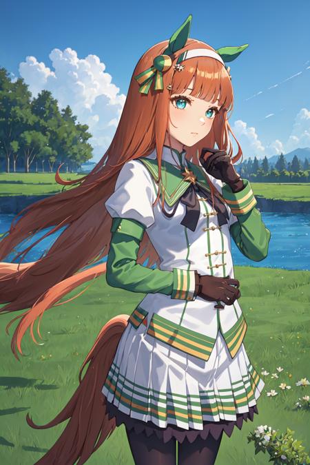 masterpiece,realistic, <lora:silence suzuka:0.9>,1girl,silence suzuka (umamusume),silence suzuka(Racing),horse girl,horse ears,horse tail,orange hair,green eyes,long hair,ear covers,hairband,black gloves,black bowtie,layered sleeves,purple pantyhose,asymmetrical footwear,solo,on grass, outdoors,