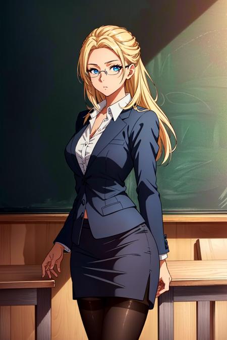 <lora:Ashe:0.7> Ashe, 1girl, solo, pantyhose, blonde hair, glasses, standing, teacher, formal, skirt, suit, long hair, chalkboard, black pantyhose, skirt suit, thighband pantyhose, pencil skirt, looking at viewer, blue eyes, perfect lighting, ((shining face, shining body)), perfect face, make up, eye shadow, ((gorgeous)), Extremely beautiful, perfect, (masterpiece:1.2), (best quality:1.2), cinematic, perfect skin, perfect lighting, textured skin, detail, beauty, overall, hour glass body, sharp focus, ultra-detailed, illustration, perfect face, ((gorgeous)), Extremely beautiful, perfect, detailed background, ((shonen style)), (detailed background, intricate background:1.1), beautiful, ((Extremely Detailed)), ((Best Quality)), ((Masterpiece)), ((4k))