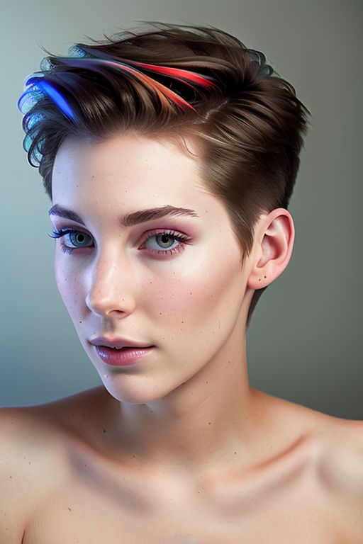 (CR-Iren3nobody-altron:0.9), photo of woman, grey background, (slick undercut hair:1.0), (oiled shiny skin:1.0), (tilted angle shot:1.0),