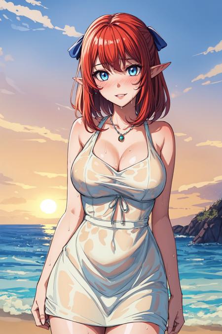 <lora:add_detail:0.3>,
masterpiece, best quality, (highres, cg 8k illustration),
((1girl as elf with pointy ears and red hair and wet hair and wet body)) and
(detailed face and glossy detailed blue eyes),
(blurry background, simple background, depth of field),
(painterly, beautiful and delicate, pastel colors), authentic, fine details, ((nsfw)),
(solo, female focus, solo focus), face focus, empty hands,
(she wears hair ribbon and wet sleeveless white dress), wet clothes,
(looking at viewer, blushing), shy innocent, light smile, parted lips, 
bursting breasts, cleavage, bare legs,
(dynamic pose), upright,
outdoors, at beach, sunset,
cowboy shot, medium shot,
(sharp, outline), cel shading, fantasy, toon \(style\), baroque, pastel \(medium\), watercolor pencil \(medium\),