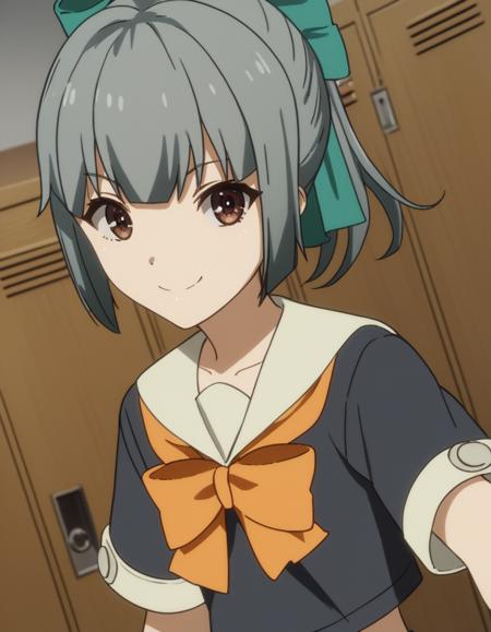 yubari, bangs, brown eyes, ponytail, hair bow, grey hair, yuubari (kancolle) skirt, school uniform, short sleeves, pleated skirt, serafuku, bowtie, crop top, green skirt, orange bow, orange bowtie,