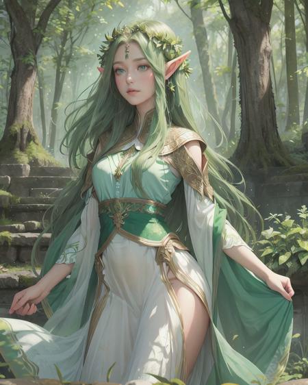 best quality, masterpiece, 1 girl, adult ,portrait,solo,Graceful  stance,Verdant forest backdrop,Flowing flaxen hair,Delicate elven ears,Clad in green or deep blue elven attire,Bright blue or emerald green eyes,Quiet, confident countenance,Light, nimble steps