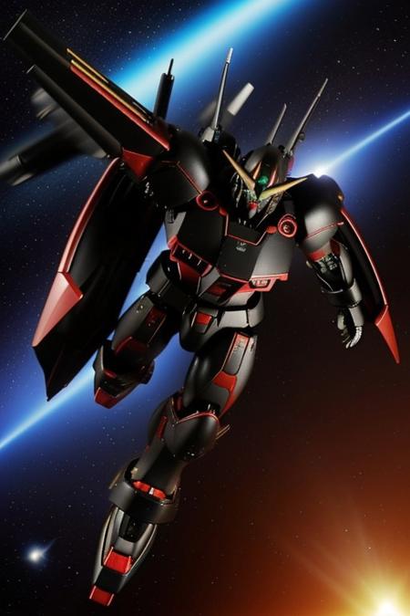 red-black mecha armor, (flying toward the viewer:1.20), armaments equipped in the armor, (right hand holding beam rifle:1.20), space in the background:0.8