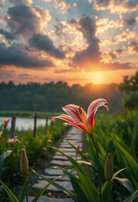 detailed background,( Calm spring night landscape), amongst lush greenery, beautiful view, lily flower in full bloom, lily flower, early morning, sunrise sky, beautiful clouds, dappled sunlight, beautiful, Tranquil Lake, Walkway, petals dancing in the wind, depth of field, masterpiece, best quality, ultra-detailed, very aesthetic, illustration, perfect composition, intricate details, absurdres, moody lighting, wisps of light, no humans,