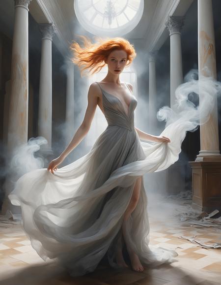 body shot of a ginger, 20 years old showing lots of skin, (highly detailed masterpiece Realistic extremely hyper aesthetic) Digital Watercolor Style, Ethereal fluidity painting art style of uses fluid and flowing brushstrokes, creates a sense of movement and lightness, dynamic and abstract composition, professional-grade execution, captures the beauty of fluid dynamics, evokes a sense of calm and serenity, The Cinderveil envisioned in a Fashion illustration style, where ghostly nobles dressed in gowns of ashen silk waltz through an abandoned ballroom, their faces obscured by masks carved from obsidian. Their garments trail into smoke-like tendrils, dissolving at the edges as if caught between worlds. The high-contrast, elegant linework and sweeping forms lend the scene a spectral grandeur, where beauty and transience exist in perfect tension.