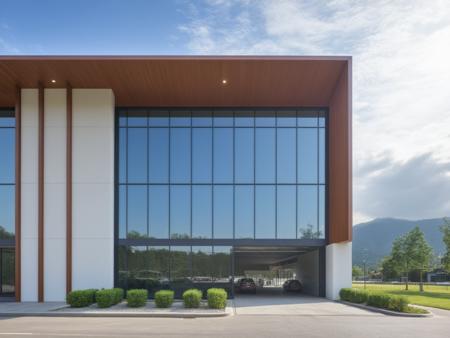 Architectural style Architectural style<lora:JJsFactory_XL:1>,  ((Factory)), building,masterpiece , best quality,  soft lighting, high quality, film grain, hdr, outdoors, sky, day, cloud, tree, blue sky, ground vehicle, building, scenery, road, lamppost, real world location,, door,entrance, beam,column, window,trees, sunlight, public blocks,daytime, mountains, lively city streets, enough detail, high resolution, super realistic, Photorealistic, highly detailed,  . Clean lines, geometric shapes, minimalist, modern, architectural drawing, highly detailed  . Clean lines, geometric shapes, minimalist, modern, architectural drawing, highly detailed