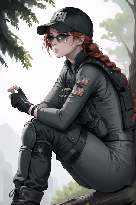 (masterpiece, best quality:1.2),  <lora:ash_(rainbow_six_siege):.95>, ash (rainbow six siege), 1girl, solo, hat, gloves, breasts, boots, baseball cap, pants, red hair, knee pads, black gloves, uniform, bulletproof vest, military, single braid, long sleeves, braided ponytail, braid, fingerless gloves, sunglasses, resting on a tree branch, legs dangling, dreamy gaze