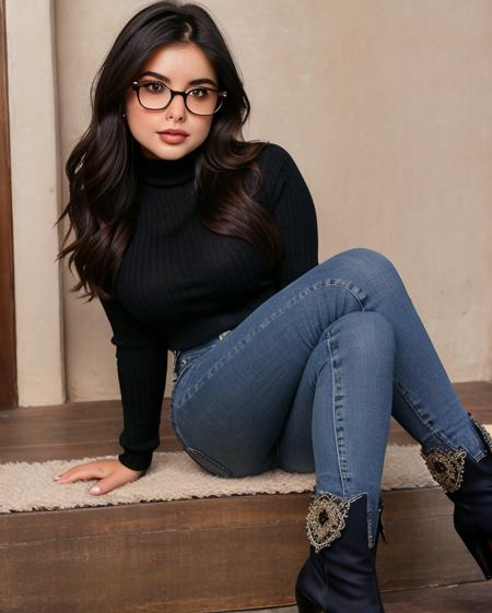 4r13lw1nt3r, in a college library, wearing a knitted turtleneck top, denim jeans, high heeled boots, glasses, (masterpiece:1.0), (best quality:1.0), beautiful, (intricate details), unity 8k wallpaper, ultra detailed, flash photography