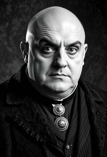 A black and white portrait of Uncle Fester from The Addams Family. He is a bald man with a pale complexion, a slight smile, and dark circles under his eyes. He is wearing a high-collared, ornate coat with decorative buttons and a frilly lace jabot. The background is a soft, out-of-focus grey. The image should have a slightly grainy, vintage quality., aidmaImageUpgrader   <lora:hands5g:0.5> <lora:aidmaImageUpgraderSDXL-v0.3:1>