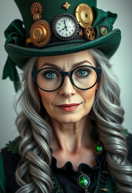 Steampunk portrait. Layout: Close-up shot. Subject: A mature woman with fair skin and long, wavy grey hair, wearing a green top hat adorned with intricate brass gears, a clock, and green fabric. The person has striking blue eyes and wears unique, ornate glasses with a leaf-like design. The attire includes green and black clothing with large, green gemstone accessories. The background is a soft, light gradient, keeping the focus on the subject's detailed and expressive facial features.