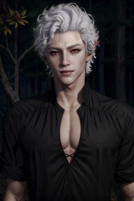 AstarionNewBG, 1boy, red eyes, white hair, vampire, smirk, black shirt, <lora:AstarionNewBG:0.7>