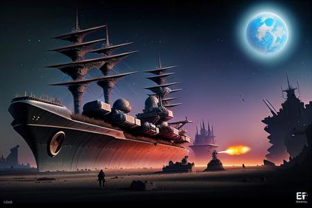 a space pirate battleship among the ruins of an advanced, futuristic city